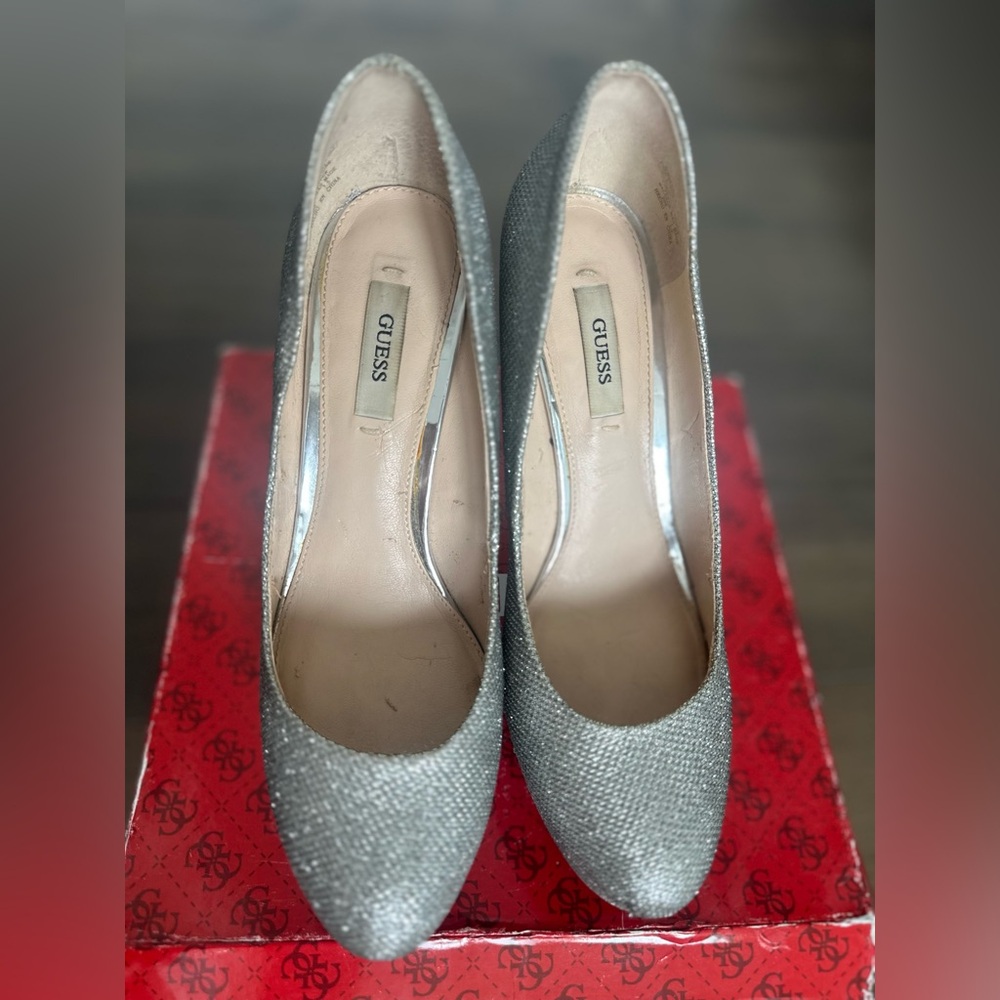 🌞 3 for $15 Guess Elsea shoe/8 Metallic Silver Round Toe Stiletto Heel Pump 👠
